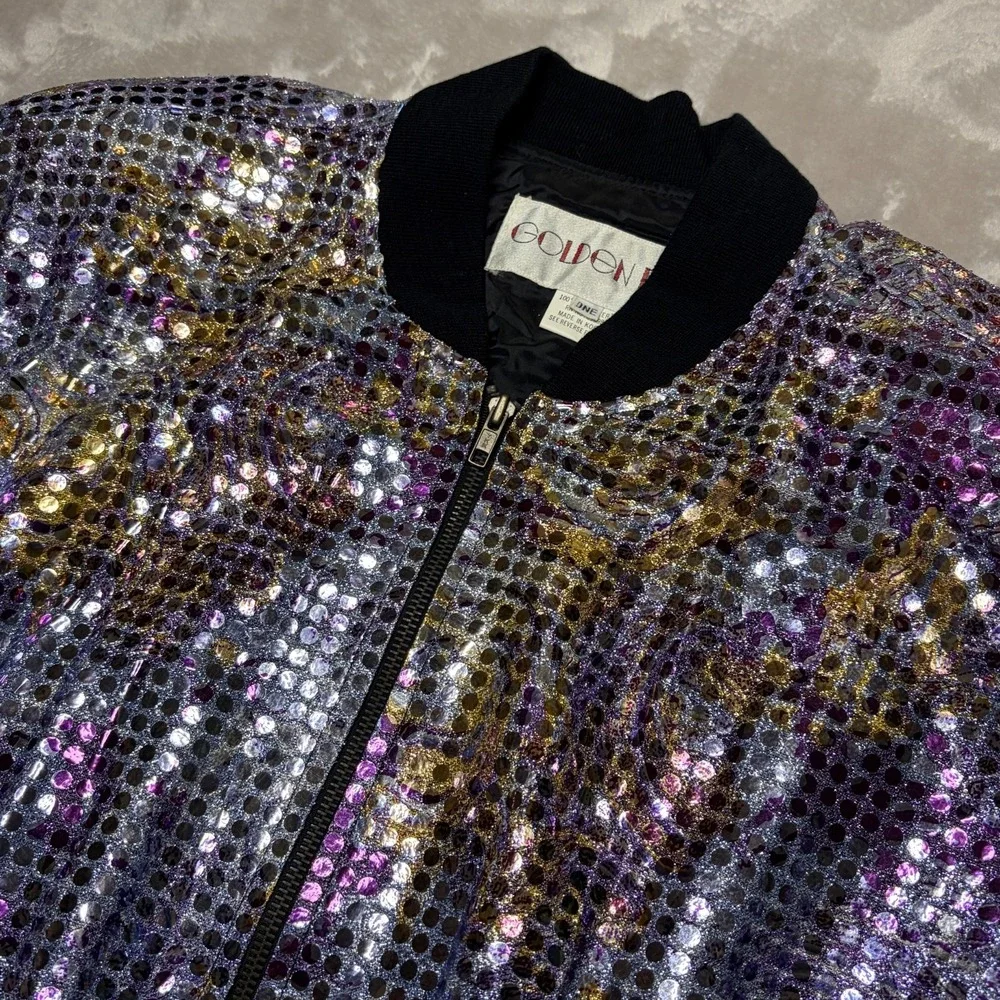 VTG 80s Golden River Sequin Bomber Jacket Womens S/M Iridescent Glam Disco Boxy